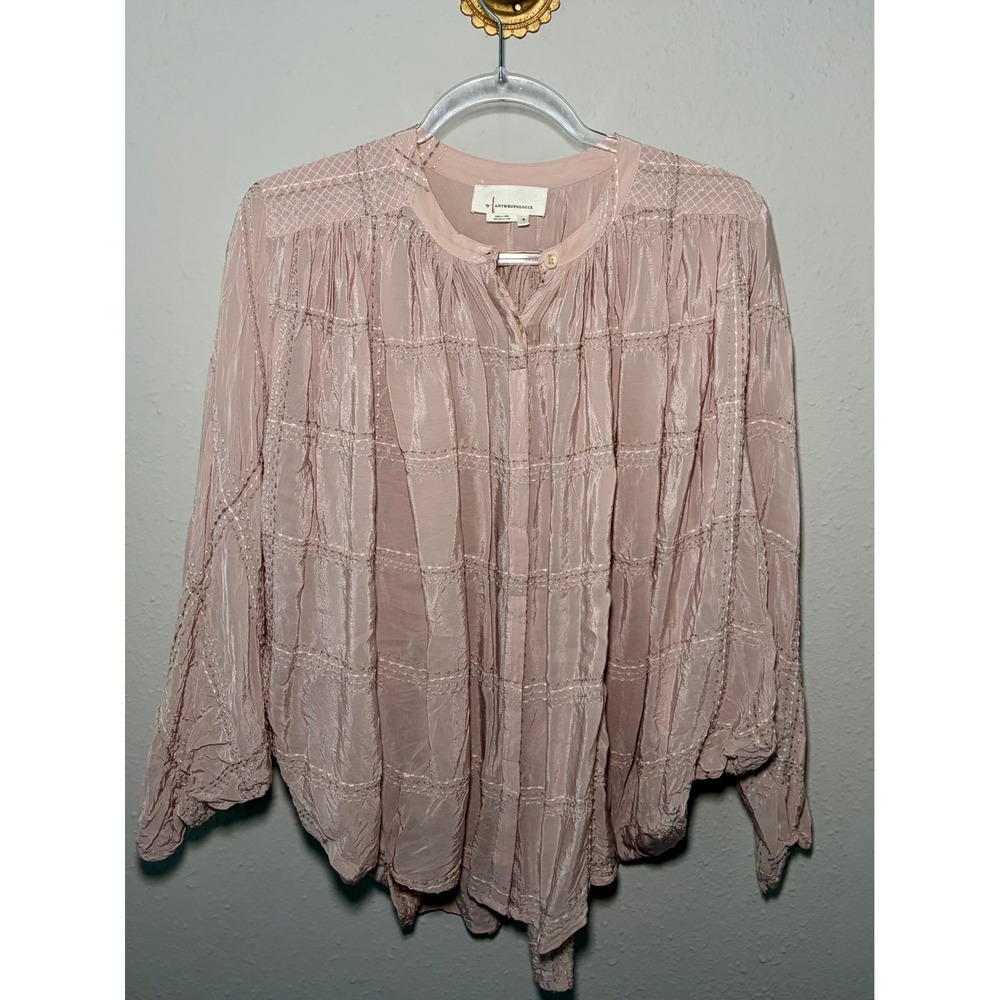 Anthropologie Pink Textured Embroidered Dolman Sleeve Blouse Top Medium